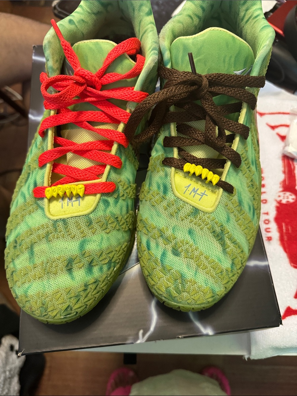 Men’s  Green Knit Sneakers with Red and Brown Laces
